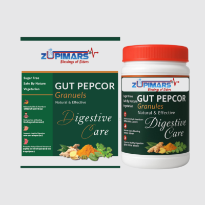 Gut-Pepcor-Main-2 Zupimars GutPepcor Granuels for digestive health and acidity relief, shown in professional pharmaceutical packaging.