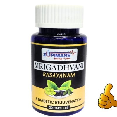 Mrigahvani-Rasayanam_MAIN Zupimars Mrigadhvani Diabetic Management Capsules, an Ayurvedic supplement for blood sugar control and metabolic health.