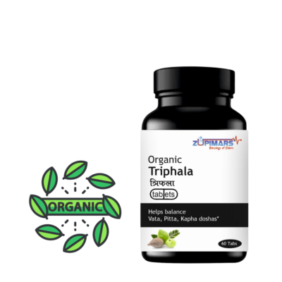 Zupimars Organic Triphala Tablets for digestive health and detoxification, 100% natural Ayurvedic herbal supplement bottle.