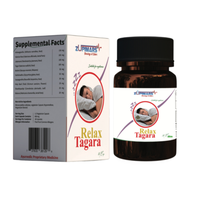 Zupimars-RelaxTagara_MAIN Zupimars RelaxTagara Capsules, a natural Ayurvedic supplement for stress relief, anxiety management, and improved sleep quality.