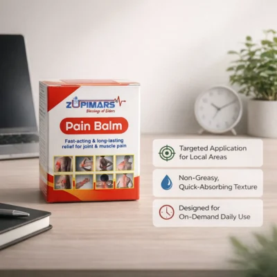 Zupimars Pain Balm addressing the common issue of neck and back strain caused by long hours at a desk; a quick-absorbing, targeted Ayurvedic solution that allows for a non-greasy, on-demand application without interrupting your professional routine.