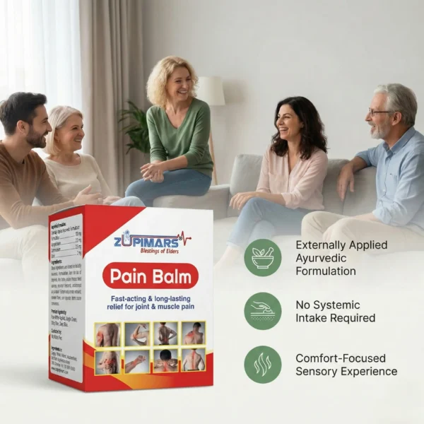 zupimars-pain-blam-3 Zupimars Pain Balm being used to overcome the everyday struggle of chronic joint stiffness and age-related aches that prevent family bonding; an externally applied Ayurvedic formulation designed to help you stay present and active during social gatherings.