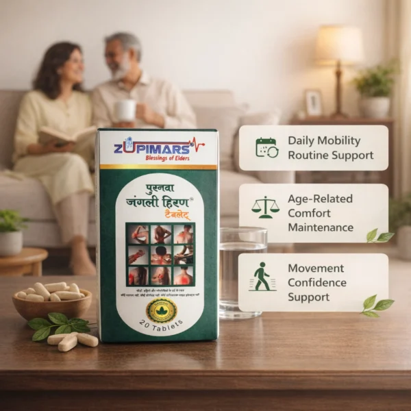 zupimars-puranva-junglee-hiran-tablets-1 Zupimars Puranva Junglee Hiran Tablets featured in a cozy home setting with an elderly couple, addressing everyday problems like morning joint stiffness and difficulty in performing daily chores. The infographic highlights Daily Mobility Routine Support, Age-Related Comfort Maintenance for aching knees, and Movement Confidence Support to help seniors stay active without fear of discomfort.