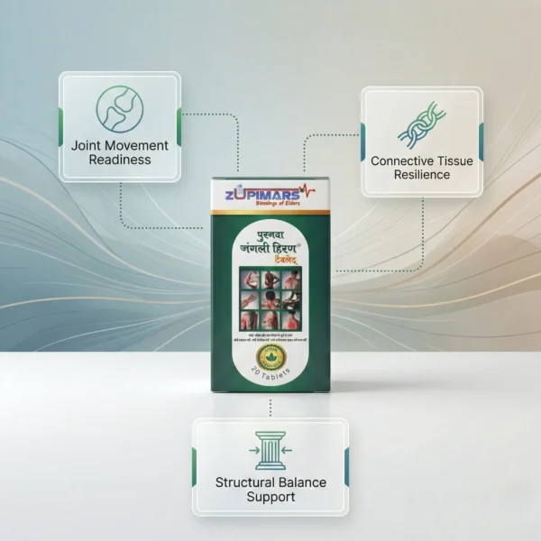 zupimars-puranva-junglee-hiran-tablets-3 Zupimars Puranva Junglee Hiran Tablets displayed against a sleek, professional background, targeting people suffering from unsteady gait and weak connective tissues. The icons showcase Joint Movement Readiness for quicker warm-ups, Connective Tissue Resilience to fight wear and tear, and Structural Balance Support to provide stability for those experiencing balance issues while walking.
