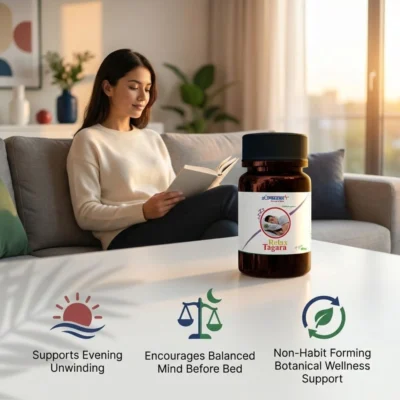 Zupimars Relax Tagara botanical wellness bottle placed on a coffee table in a sunlit living room. In the background, a young woman sits comfortably on a grey sofa, peacefully reading a book to illustrate evening unwinding. This image highlights the solution for end-of-day stress and the inability to disconnect from work. Icons below emphasize that the supplement supports evening relaxation, encourages a balanced mind before bed, and is a non-habit-forming botanical support for daily wellness.