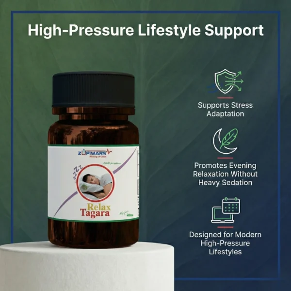 zupimars-relax-tagara-2 Zupimars Relax Tagara capsules for sleep and anxiety, featured prominently on a white circular pedestal against a dark green botanical leaf background. The text "High-Pressure Lifestyle Support" addresses the everyday problem of career burnout and chronic stress. Side icons detail benefits such as stress adaptation, promoting relaxation without heavy sedation or morning grogginess, and specific design for modern, high-intensity lifestyles.