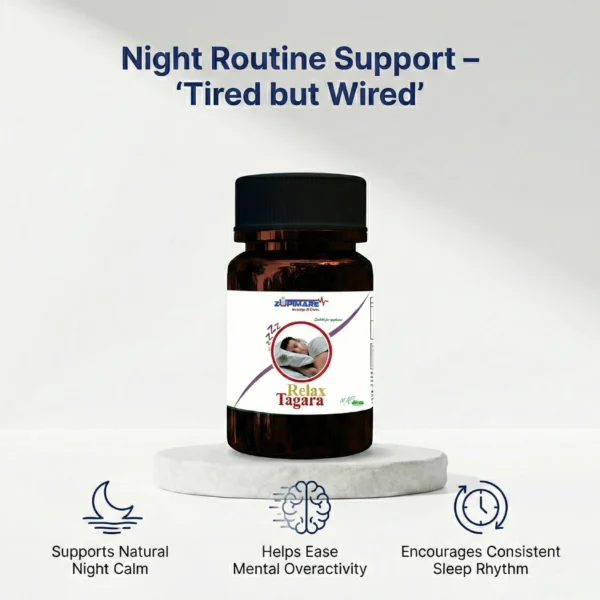 zupimars-relax-tagara-3 Zupimars Relax Tagara night routine support bottle shown in a minimalist, clean aesthetic on a stone pedestal. The heading "Night Routine Support – ‘Tired but Wired’" targets the common problem of mental overactivity and racing thoughts when physically exhausted. Icons at the bottom highlight how the product supports natural night calm, eases a racing mind, and encourages a consistent sleep rhythm for those struggling with irregular sleep cycles.