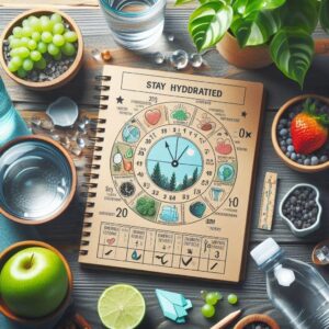 A flat lay on a wooden surface, centered on an open notebook with a 'STAY HYDDRATTED' hydration tracker, surrounded by healthy items including glasses of water, a water bottle, a green apple, grapes, and berries.