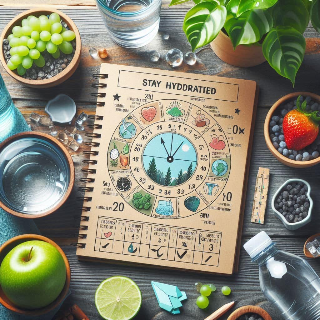 A flat lay on a wooden surface, centered on an open notebook with a 'STAY HYDDRATTED' hydration tracker, surrounded by healthy items including glasses of water, a water bottle, a green apple, grapes, and berries.