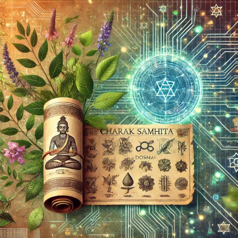 AI in Ayurveda infographic showing digital scanning of Charak Samhita text.