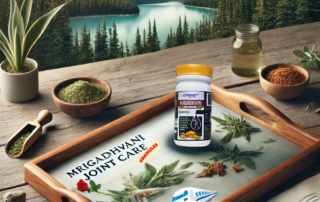 Mrigadhvani Joint Care Granules in a serene, nature-inspired Ayurvedic setting for natural joint health support.