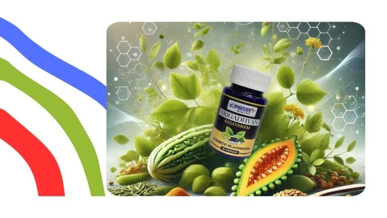 Managing diabetes with Ayurveda infographic showing Mrigadhvani herbs like Karela and Amla