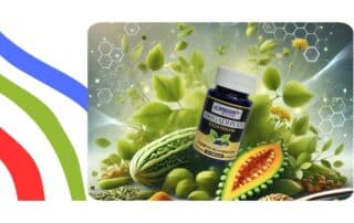 Mrigadhvani Ayurvedic herbal supplement bottle surrounded by natural ingredients like bitter melon, turmeric, and fenugreek, symbolizing natural diabetes support.