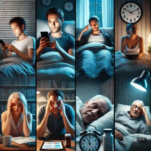 A person in their 40s juggling a phone and a laptop, appearing overwhelmed by work and family responsibilities.