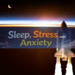 Futuristic neuroscience illustration showing the sleep–stress–anxiety cycle in urban life, highlighting poor sleep, elevated stress, and heightened anxiety with digital and biological signals.