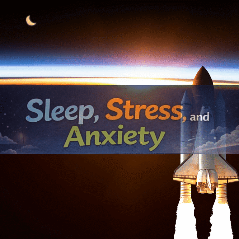 Futuristic neuroscience illustration showing the sleep–stress–anxiety cycle in urban life, highlighting poor sleep, elevated stress, and heightened anxiety with digital and biological signals.