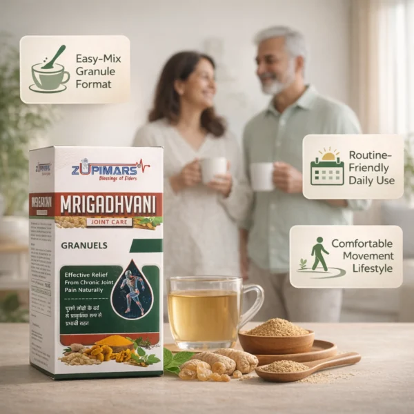 zupimars-mrigadhvani-joint-care-granules-1 Zupimars Mrigadhvani Joint Care Granules being enjoyed by an elderly couple in their kitchen. This easy-mix granule format solves the common struggle of swallowing large, hard pills or dealing with messy oils. It targets morning joint stiffness and limited range of motion, providing a "Routine-Friendly Daily Use" solution for a "Comfortable Movement Lifestyle." The image shows the natural herbal ingredients like Turmeric and Boswellia alongside a glass of prepared herbal tea, addressing the need for natural relief from chronic knee and back pain.