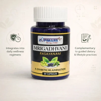 Zupimars Mrigadhvani Rasayanam addressing the everyday problem of unpredictable energy crashes and post-meal sugar spikes. The image shows the bottle with icons for liver efficiency and metabolic resilience, highlighting a solution for those feeling "wired but tired" due to poor metabolic health.