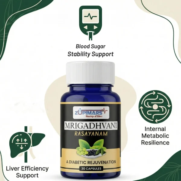 zupimars-mrigadhvani-rasayanam-3 Zupimars Mrigadhvani Rasayanam tackling the everyday problem of overwhelmingly complex health regimens. The bottle is surrounded by icons for daily integration and dietary complement, showing that diabetic rejuvenation doesn't have to mean a complete, stressful lifestyle overhaul.