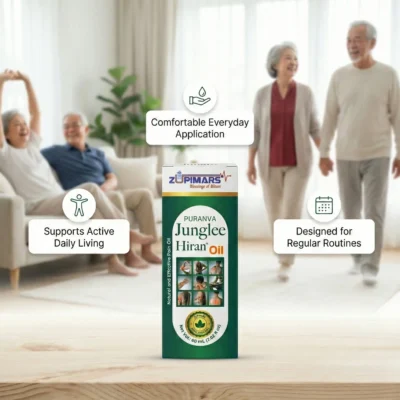 Zupimars Junglee Hiran Oil being used by an active elderly couple to support daily living. The product is featured as a comfortable everyday application for regular routines, helping seniors overcome mobility issues and maintain an active, pain-free lifestyle.
