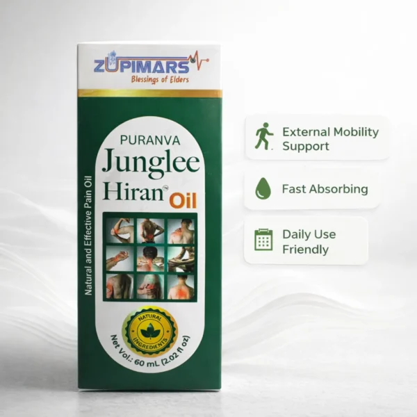 Zupimars Junglee Hiran Oil for joint pain relief and external mobility support. This natural Ayurvedic oil is fast-absorbing and designed for daily use to address common everyday problems like stiff joints, backaches, and muscle soreness.