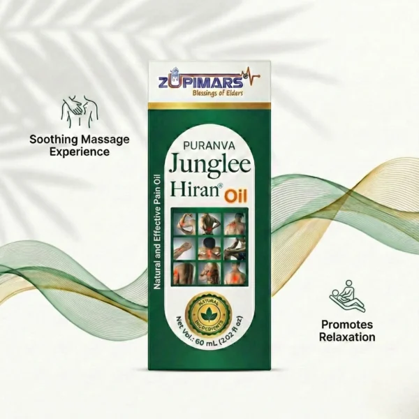 Zupimars Junglee Hiran Oil for a soothing massage experience that promotes relaxation and deep tissue relief. It is an effective natural remedy for everyday muscle tension, neck pain, and physical fatigue, ensuring a restful recovery.