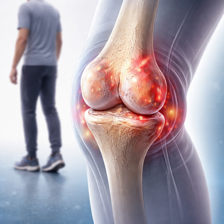 Early signs of joint damage showing cartilage thinning and mild inflammation in knee joint before severe pain.
