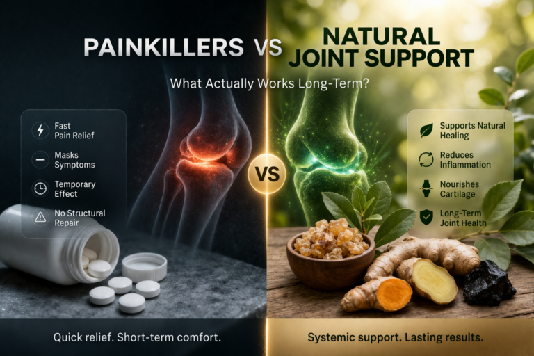 Visual comparison of painkillers vs natural joint support showing temporary pain relief versus long term joint healing and inflammation support