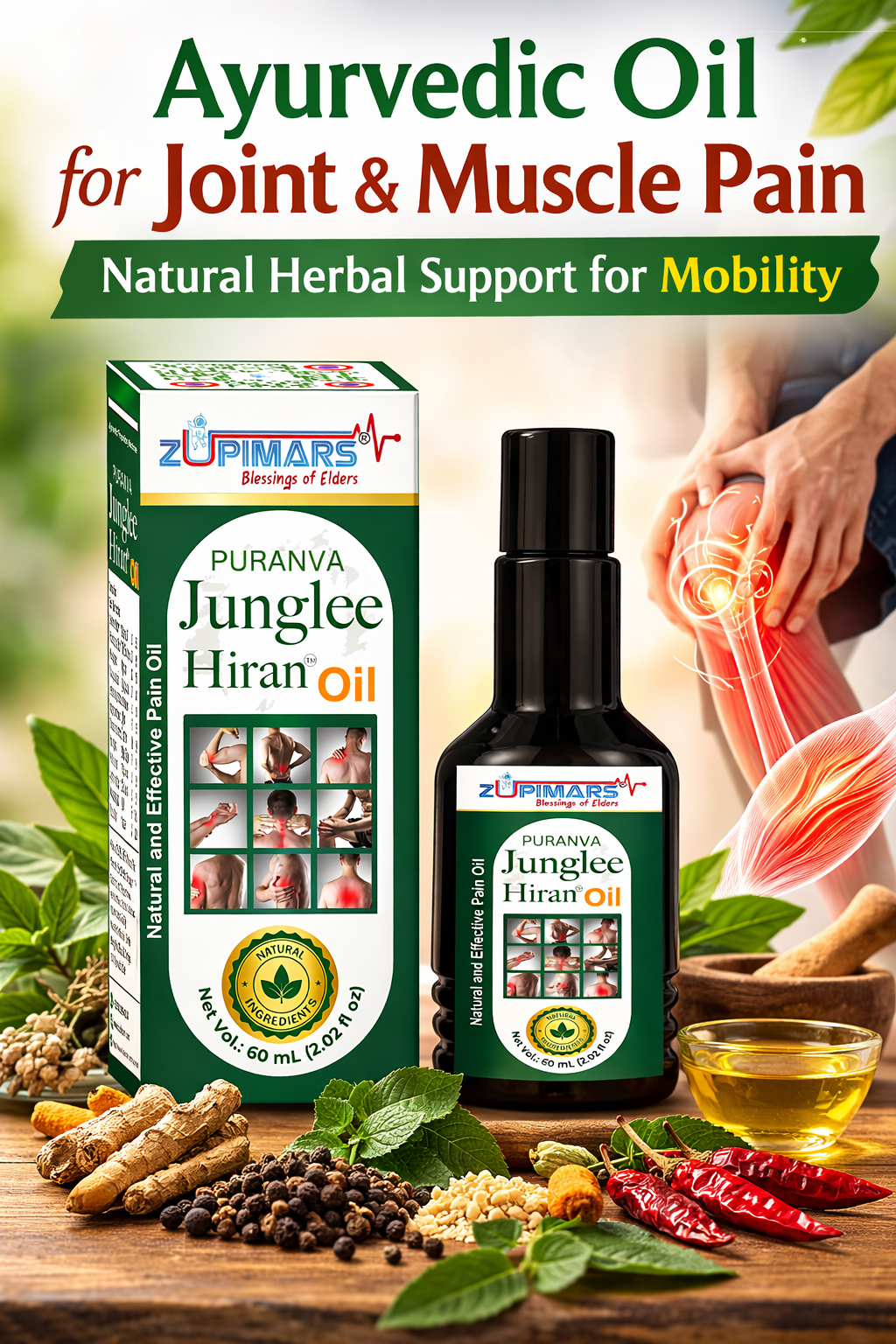 Puranva Junglee Hiran Oil, an Ayurvedic herbal massage oil in its original packaging, formulated for natural joint and muscle pain relief.