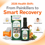 Smart recovery concept showing natural joint and muscle relief using Puranva Junglee Hiran Oil instead of painkillers.