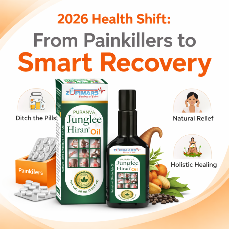 Smart recovery concept showing natural joint and muscle relief using Puranva Junglee Hiran Oil instead of painkillers.
