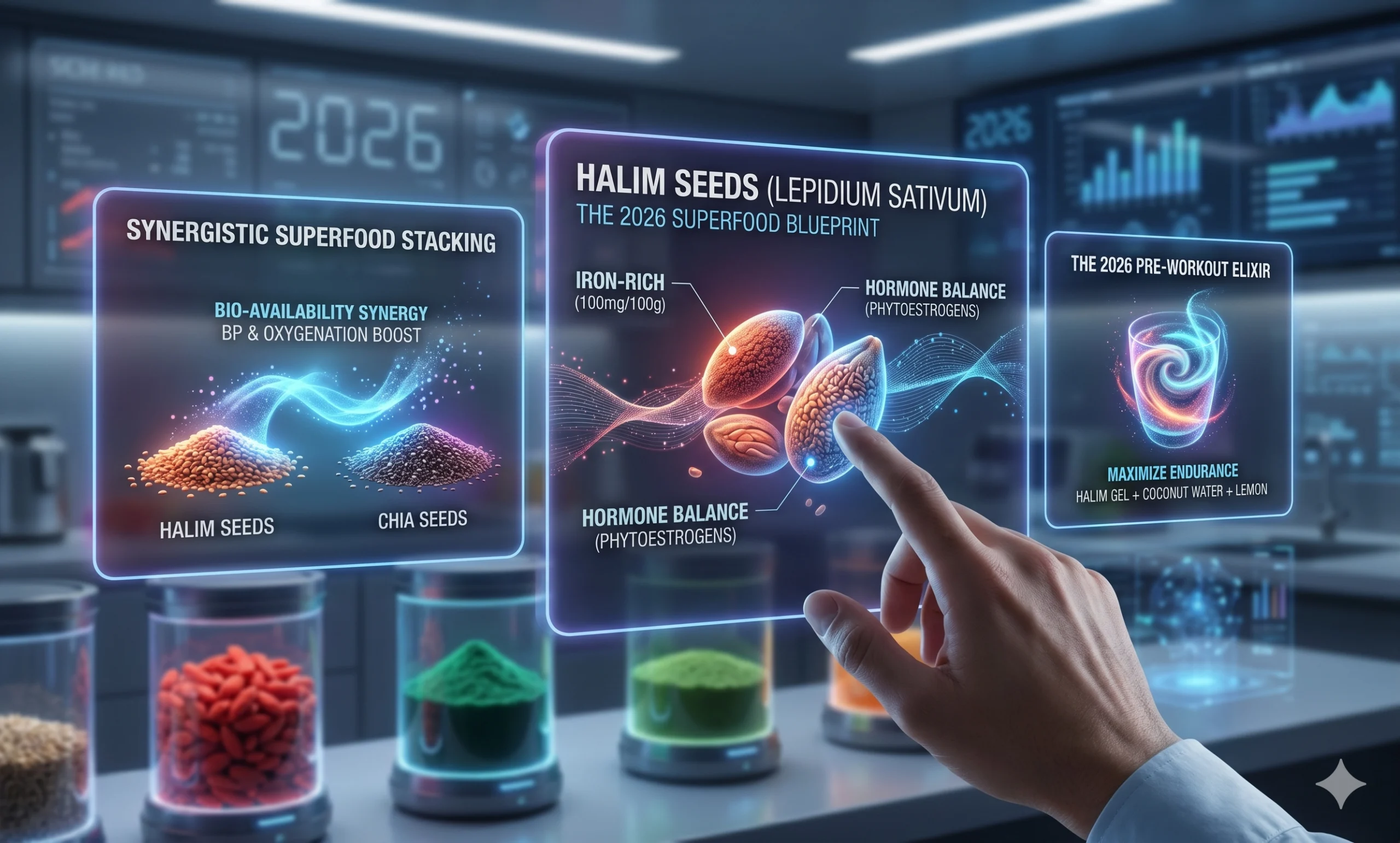 A futuristic holographic interface visualizing Halim seeds nutritional benefits, synergistic superfood stacking with chia, and modern recipes.