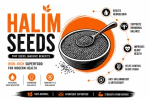 Halim seeds infographic showing iron-rich superfood benefits including hemoglobin boost, hormonal balance, heart health, blood sugar control, and antioxidant support in modern black, orange, white design