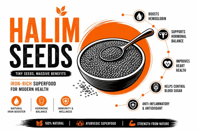 Halim seeds infographic showing iron-rich superfood benefits including hemoglobin boost, hormonal balance, heart health, blood sugar control, and antioxidant support in modern black, orange, white design