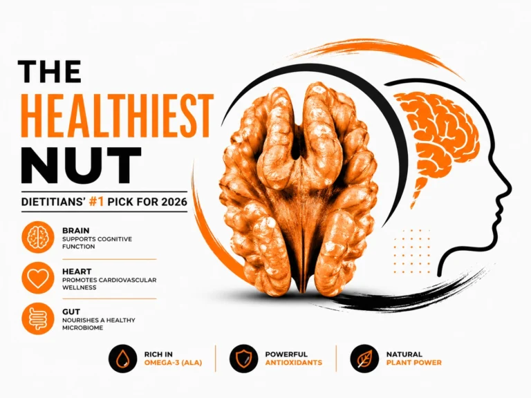 Walnut infographic showing brain, heart, and gut health benefits, highlighting omega-3 and antioxidant power as the healthiest nut for 2026