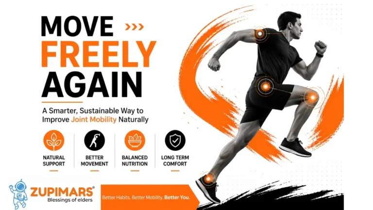Man running with highlighted joints showing improved mobility, representing a natural approach to joint health through movement, nutrition, and daily habits by Zupimars