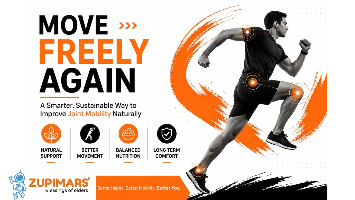 Man running with highlighted joints showing improved mobility, representing a natural approach to joint health through movement, nutrition, and daily habits by Zupimars