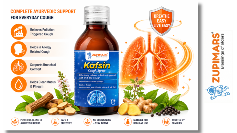 Kafsin Ayurvedic cough syrup bottle with orange lungs graphic showing relief from pollution, allergy, mucus and throat irritation