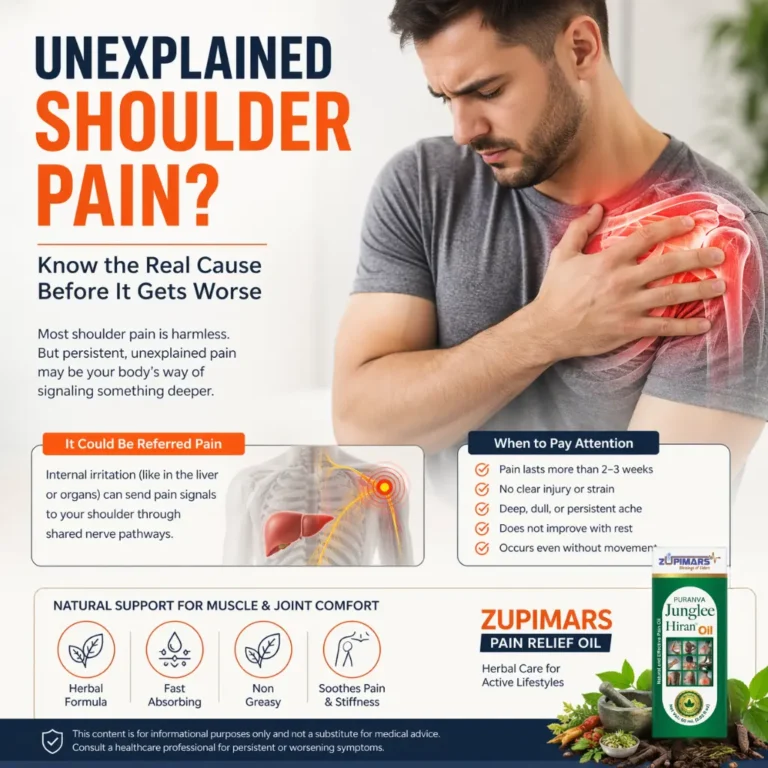 Unexplained shoulder pain illustration showing right shoulder discomfort, referred pain concept, warning signs, and natural herbal relief solution
