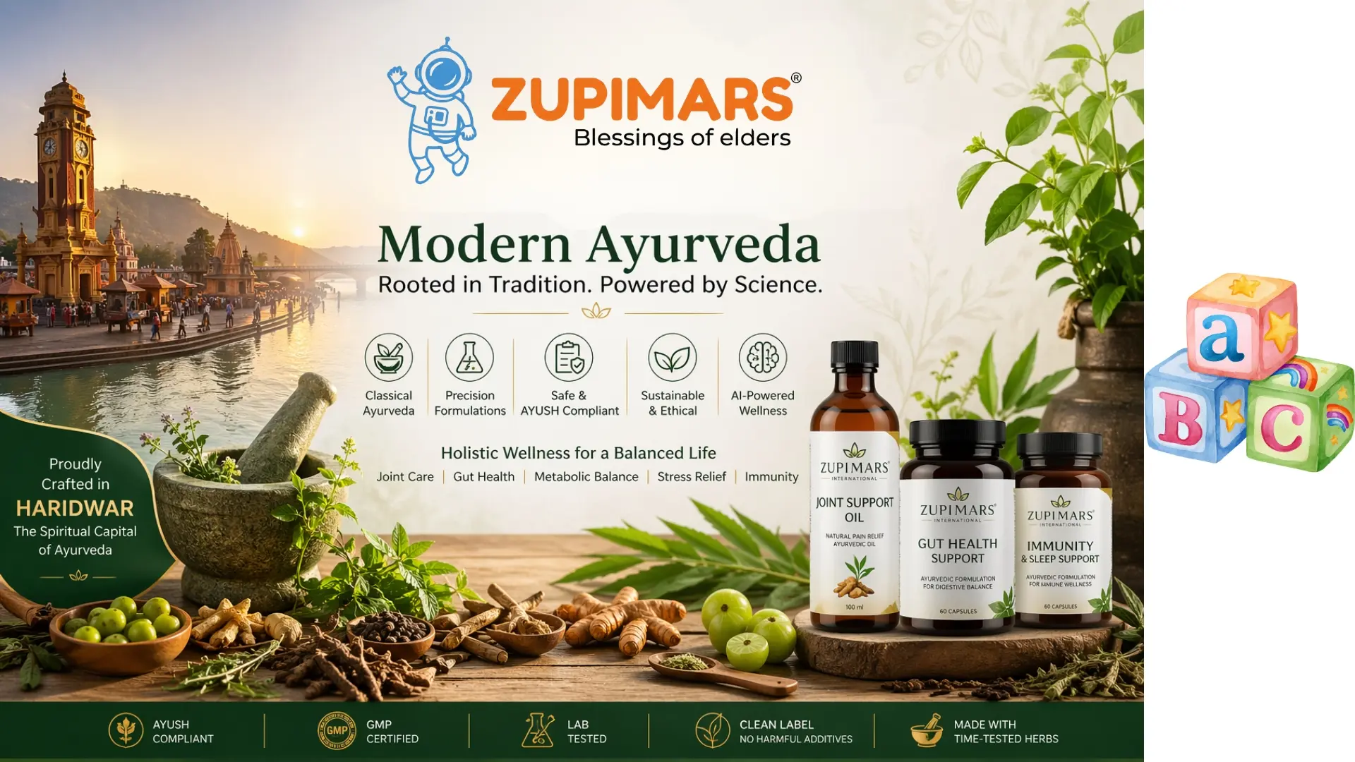 Zupimars International modern Ayurveda products with herbal ingredients showcasing science-based Ayurvedic wellness from Haridwar.