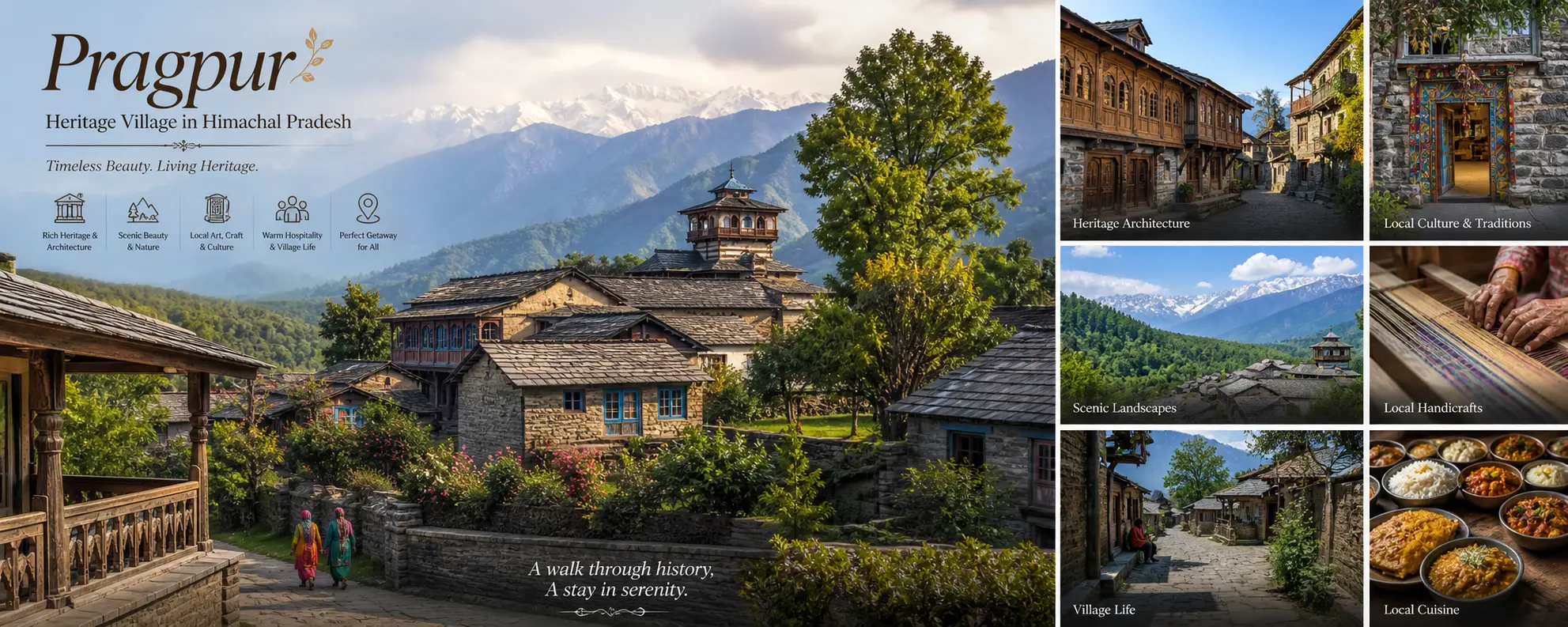 Panoramic premium view of Pragpur Heritage Village in Himachal Pradesh featuring traditional stone houses, Himalayan mountain landscapes, heritage architecture, village streets, local culture, handicrafts, and scenic countryside.