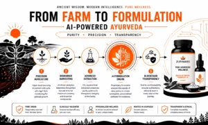 AI-powered Ayurvedic ingredient journey from farm to formulation with precision agriculture, extraction, and blockchain transparency