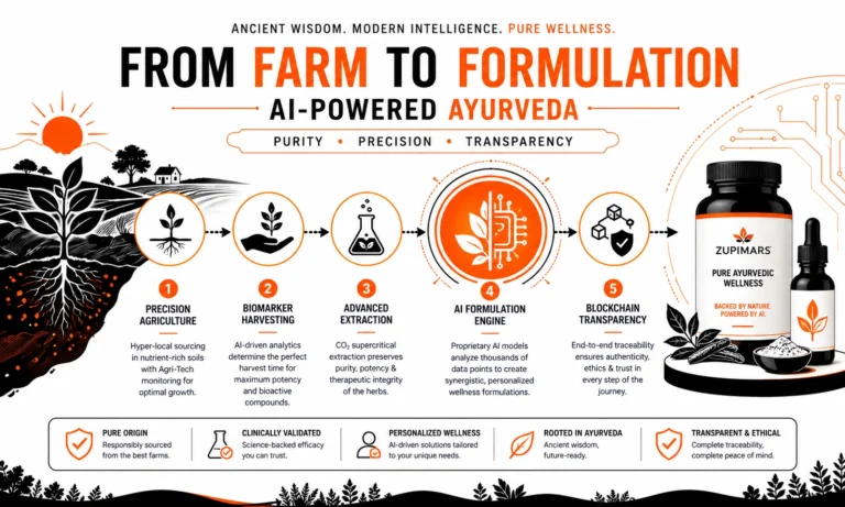 AI-powered Ayurvedic ingredient journey from farm to formulation with precision agriculture, extraction, and blockchain transparency